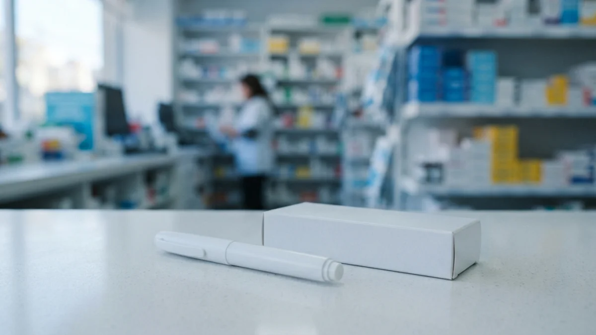 Pluma inyectable y caja de medicamento sobre un mostrador de farmacia