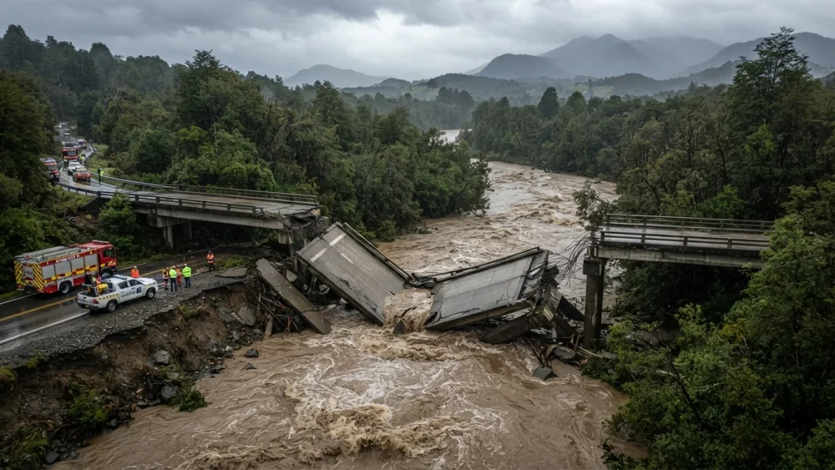 Puente de concreto parcialmente colapsado sobre un río caudaloso en el sur de Chile