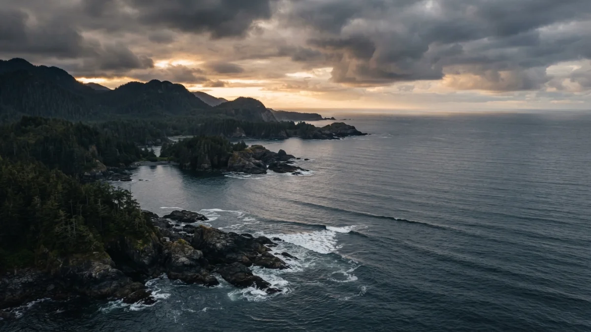 Océano Pacífico frente a una costa rocosa de Alaska con mar tranquilo al atardecer