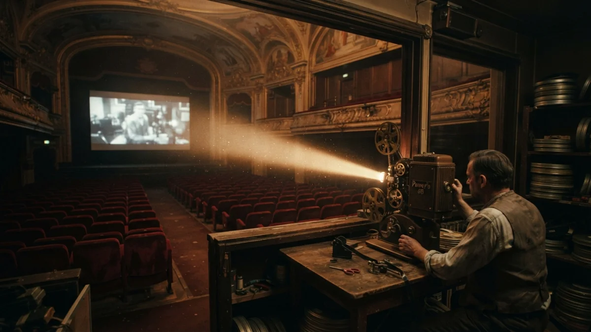 Proyector de cine antiguo dentro de una sala de cine tradicional con butacas rojas