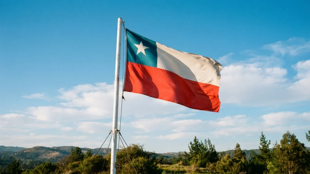 Bandera de Chile ondeando en un mastil blanco contra un cielo despejado