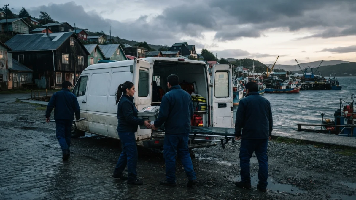 Voluntarios de primeros auxilios cargando insumos en una ambulancia en un puerto austral de Chile
