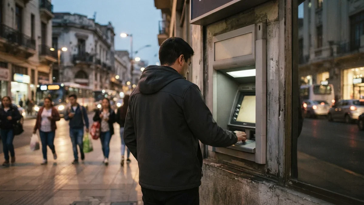 Persona retirando dinero de un cajero automático en una calle de Santiago al atardecer