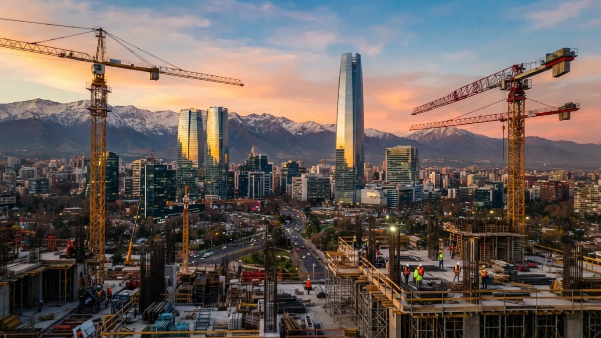 Vista del centro financiero de Santiago de Chile con grúas de construcción al atardecer
