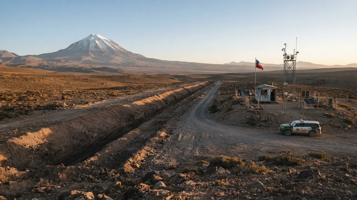Paso fronterizo en el altiplano del norte de Chile con zanja y postes de vigilancia al amanecer