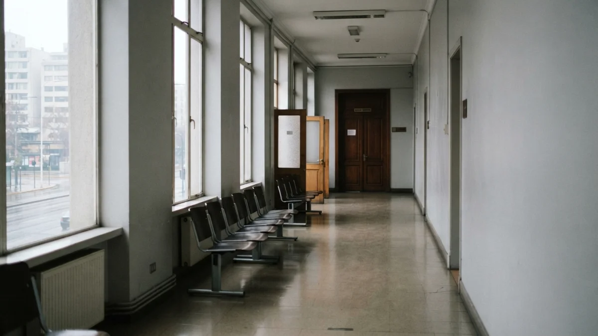 Pasillo de un edificio de tribunales en Santiago, imagen generada con inteligencia artificial