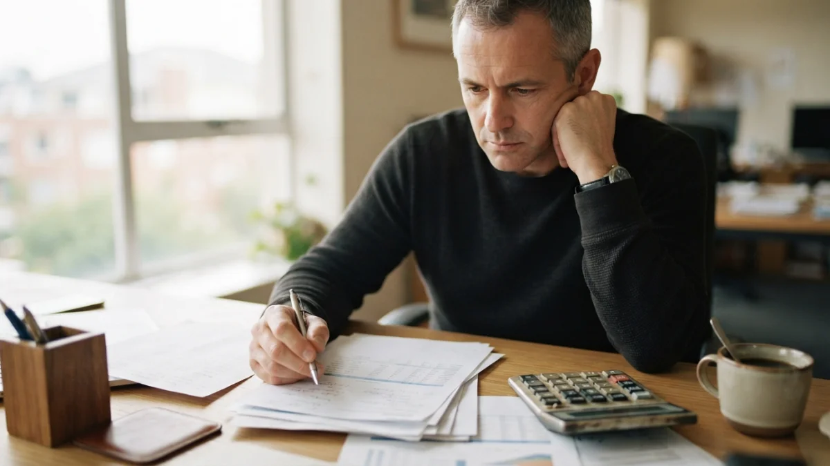 Persona revisando documentos de un crédito con una calculadora sobre un escritorio
