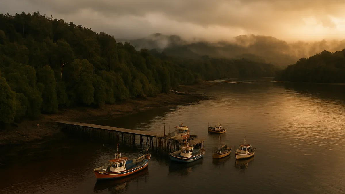 Caleta de mariscadores en la costa de Chiloé al atardecer, ilustración generada con IA