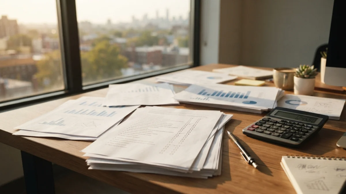 Documentos con gráficos de encuestas sobre un escritorio
