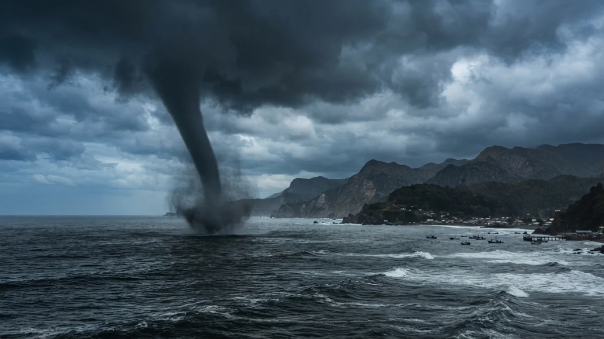 Tromba marina formándose sobre el océano frente a la costa