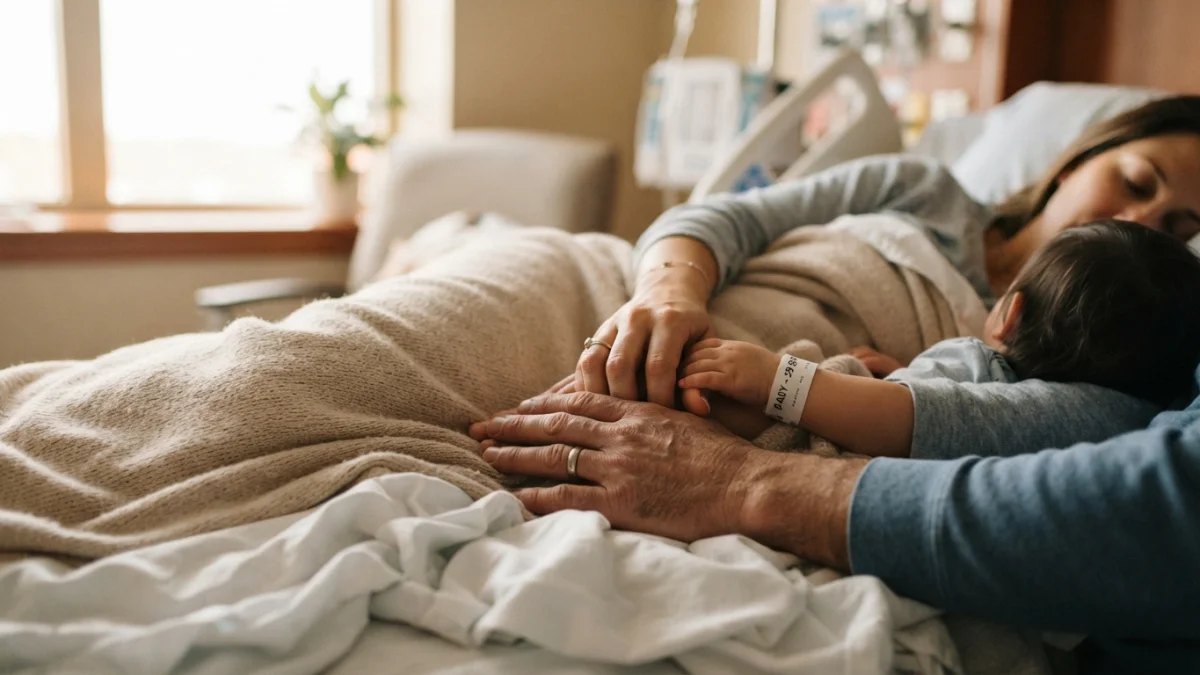 Manos de una familia entrelazadas sobre una camilla de hospital con luz natural suave