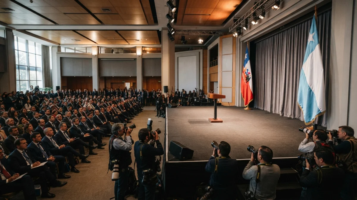 Auditorio del Foro Madrid en Santiago con podio presidencial y banderas de Chile y Argentina