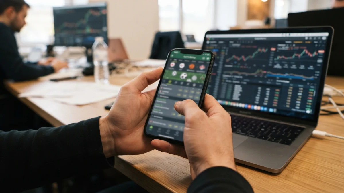 Persona sosteniendo un teléfono con una interfaz genérica de apuestas deportivas
