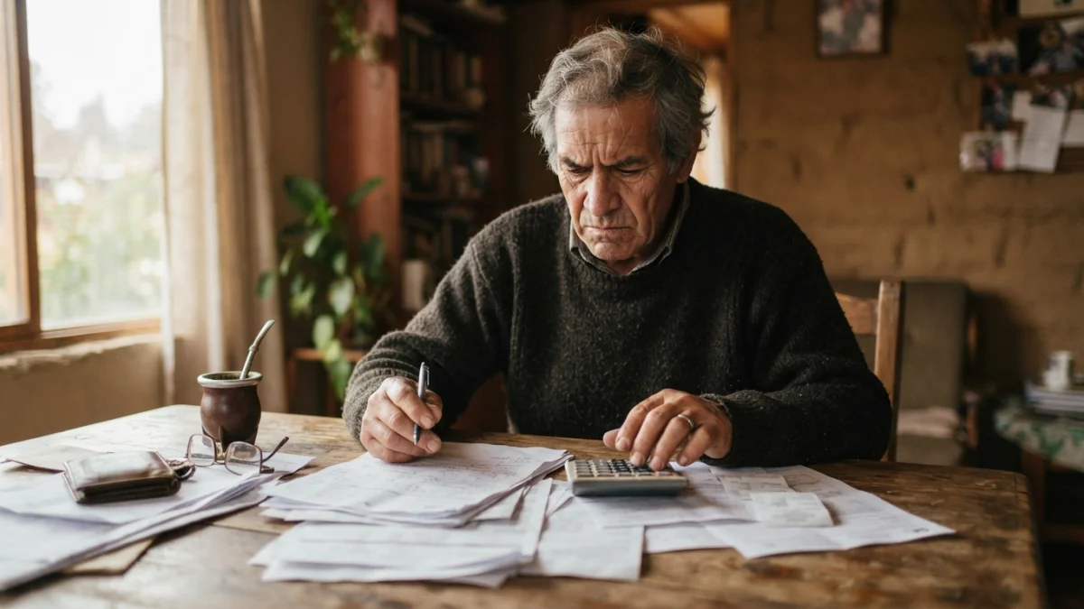 Persona mayor revisando documentos y una calculadora en su casa