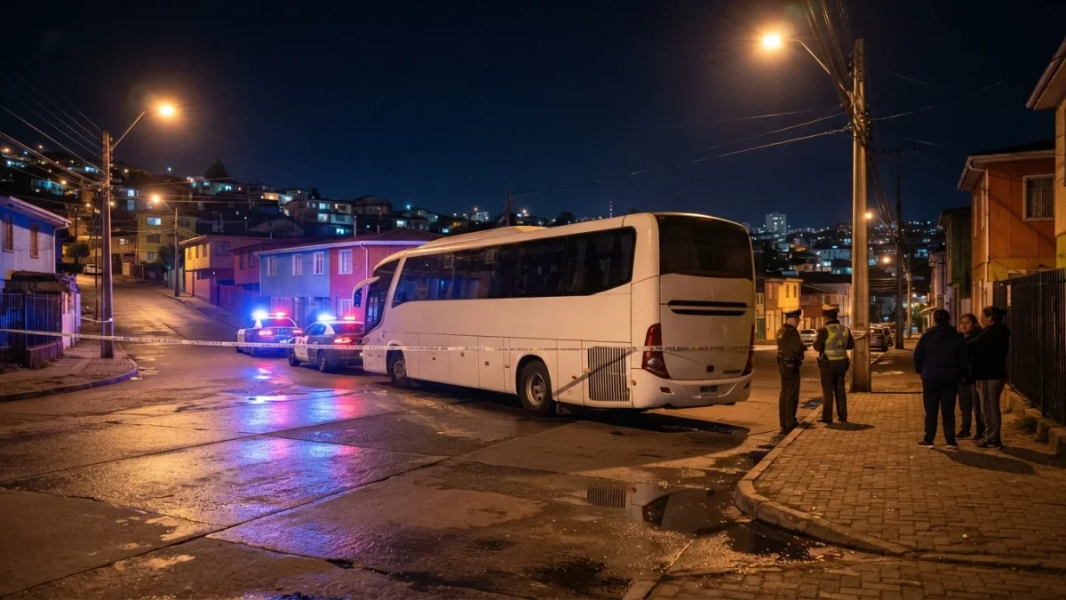 Bus interurbano detenido de madrugada en una calle de San Antonio con cinta policial y luces de patrullas (imagen generada con IA)