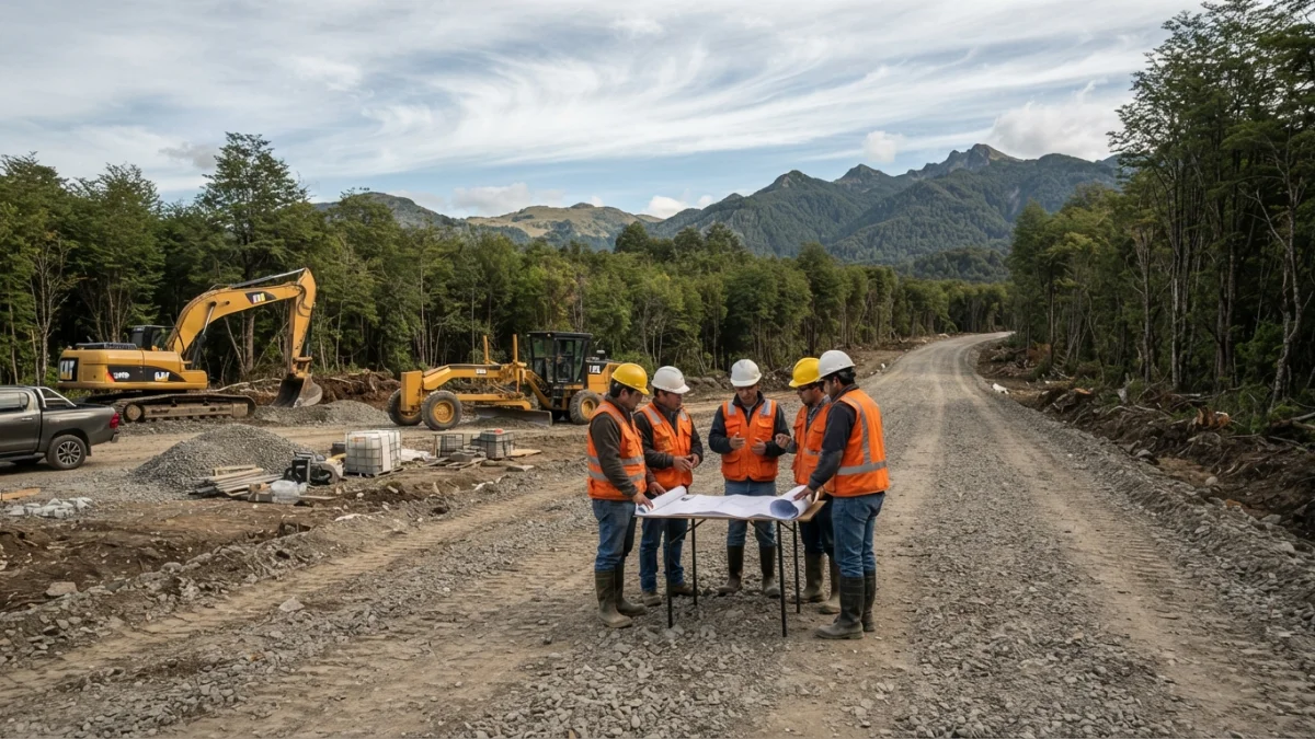 Maquinaria y cuadrilla de trabajadores en un camino rural en obras