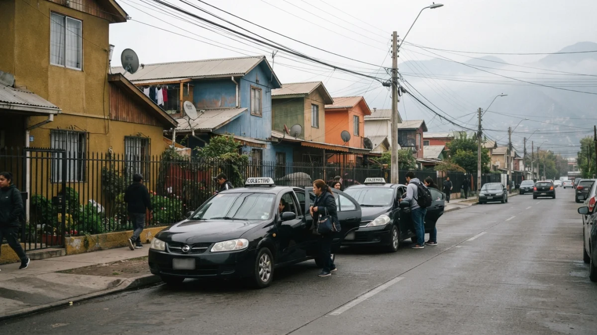 Taxis colectivos estacionados en una calle de una comuna chilena durante la mañana