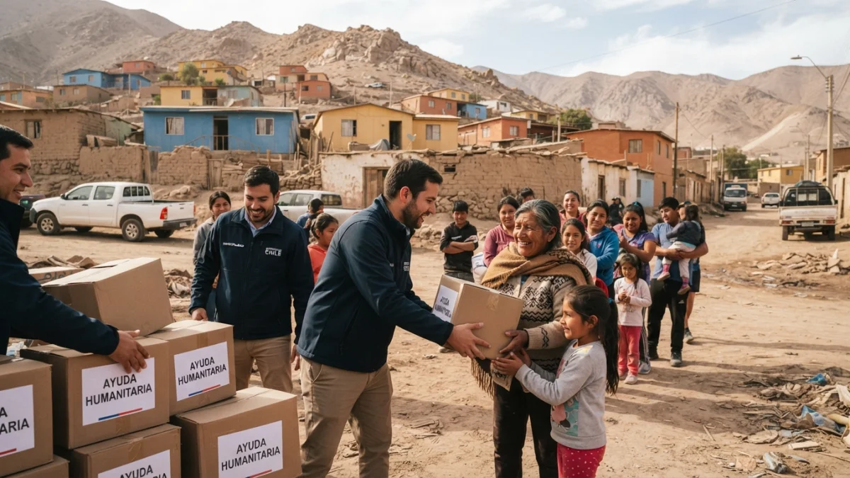 Entrega de cajas de ayuda a familias en una calle de un pueblo del norte de Chile