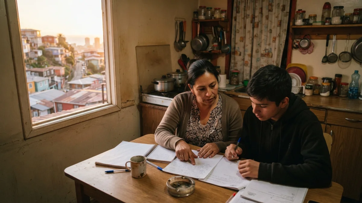 Mujer revisando documentos en la mesa de su casa junto a su hijo