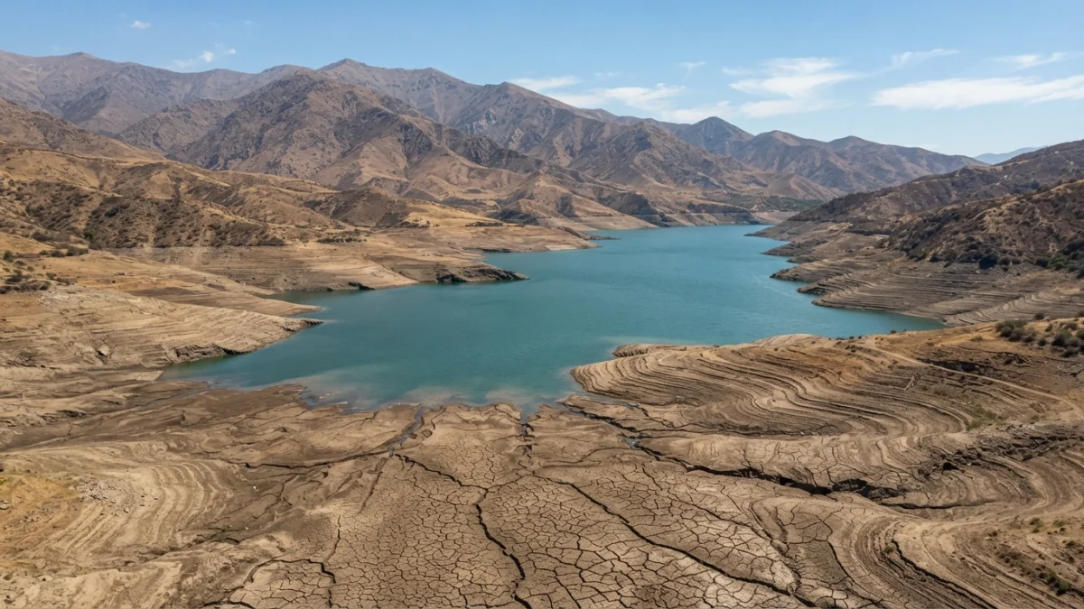 Embalse cordillerano de Chile con agua en retroceso y suelo agrietado en la orilla