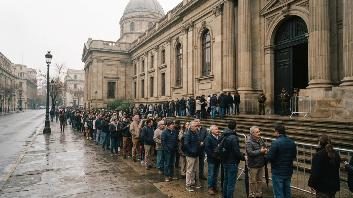 Personas esperando atención en el exterior de un edificio público