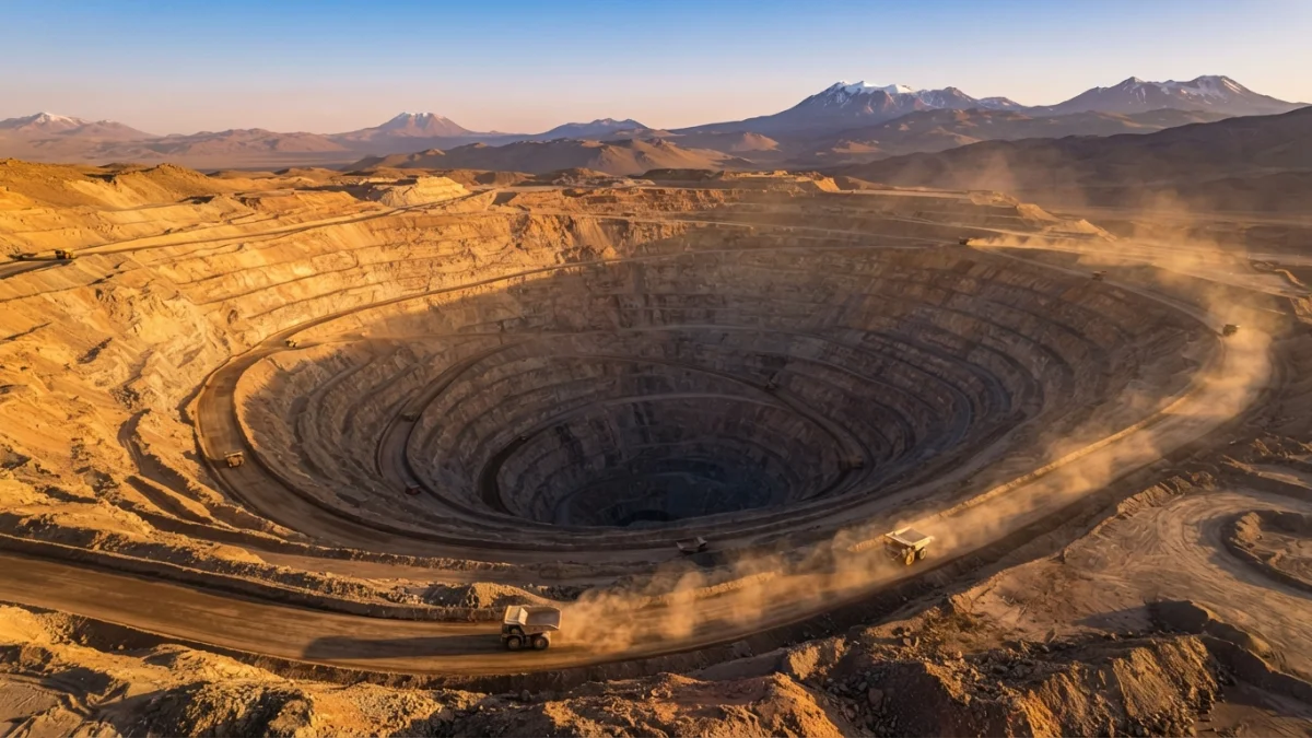 Mina de cobre a rajo abierto en el desierto de Atacama al amanecer