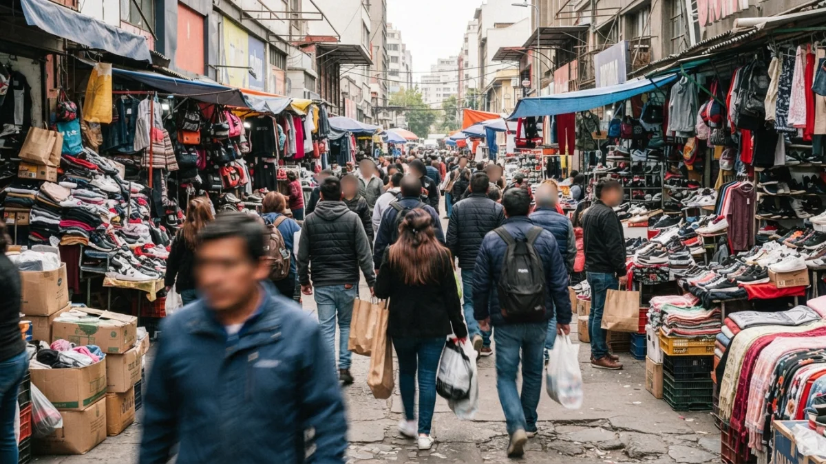 Calle comercial concurrida del barrio Meiggs en Santiago